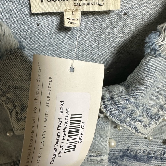 Peach Love California Cropped Distressed Denim Jacket with Pearls - Picture 4 of 5